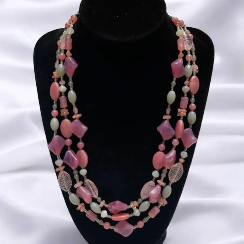 Vintage Multi-Strand Pink & White Quartz, Carved Glass Beads Cascading Necklace